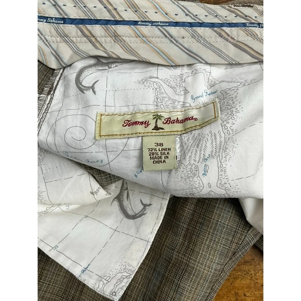 Tommy Bahama Linen‎ Silk Shorts Men's 38 Brown Plaid Dress Golf